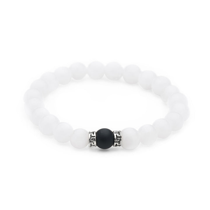 White Jade &amp; Matte Black Onyx Crystal Bracelet, Semi-Precious Gemstone Beads, 7.5 inches stackable stretch bracelet
