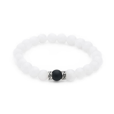 White Jade & Matte Black Onyx Crystal Bracelet, Semi-Precious Gemstone Beads, 7.5 inches stackable stretch bracelet